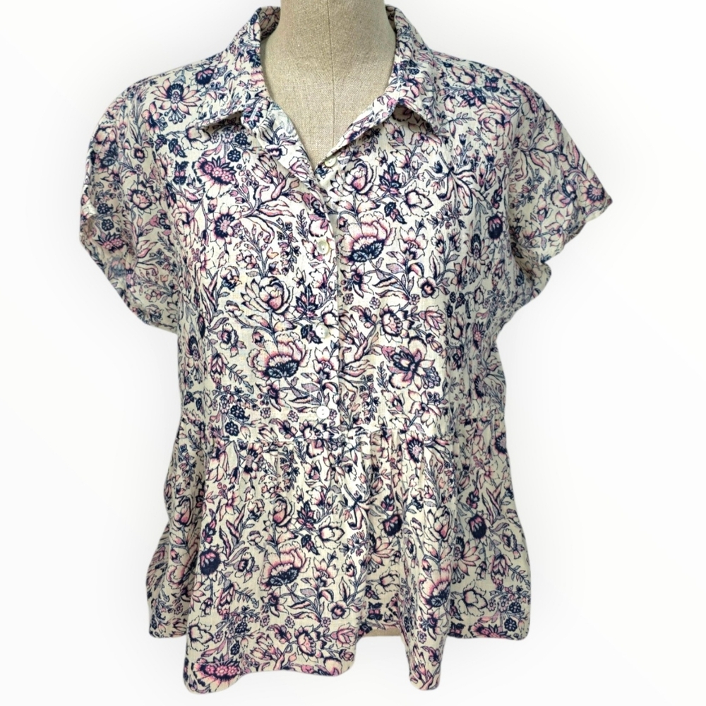 Rachel Zoe 100% Linen Floral Button Front Peplum Blouse Top Short Sleeve M